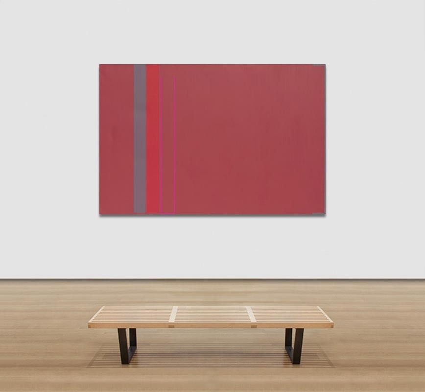 View in a Room of Color field painting with red and gray colors. Title: Pont Marie
