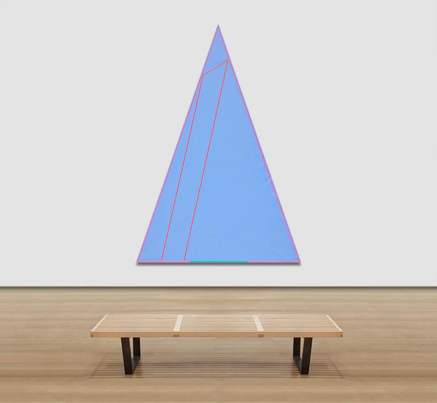 View in a Room of Color field painting with blue colors. Title: First Triangle