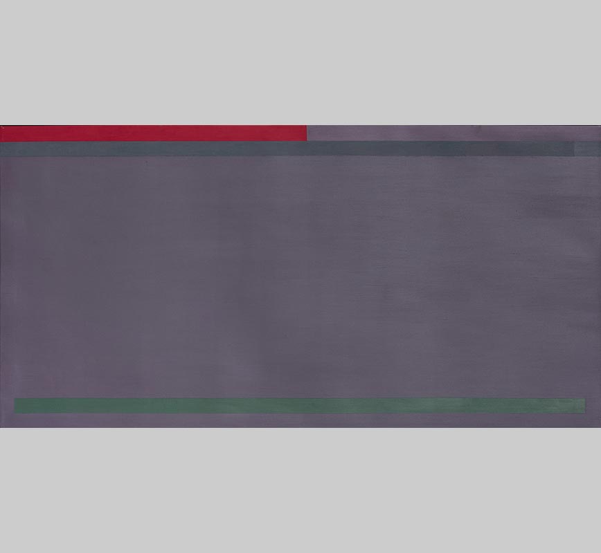 Color field painting with gray, red and green colors.
