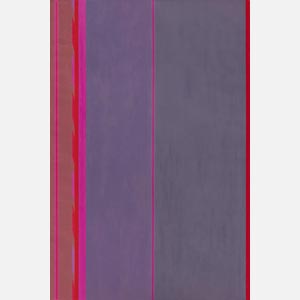 Color field painting with pink, gray and purple colors. Title: Beginning