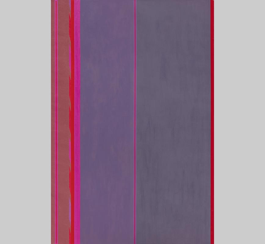 Color field painting with pink, gray and purple colors. Title: Beginning