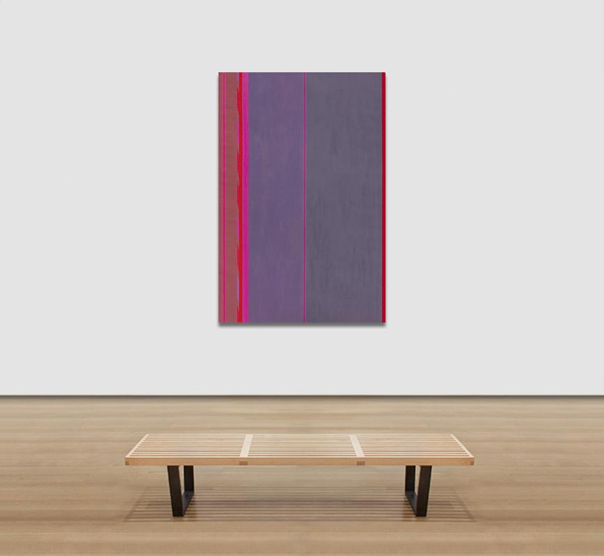 View in a Room of Color field painting with pink, gray and purple colors. Title: Beginning