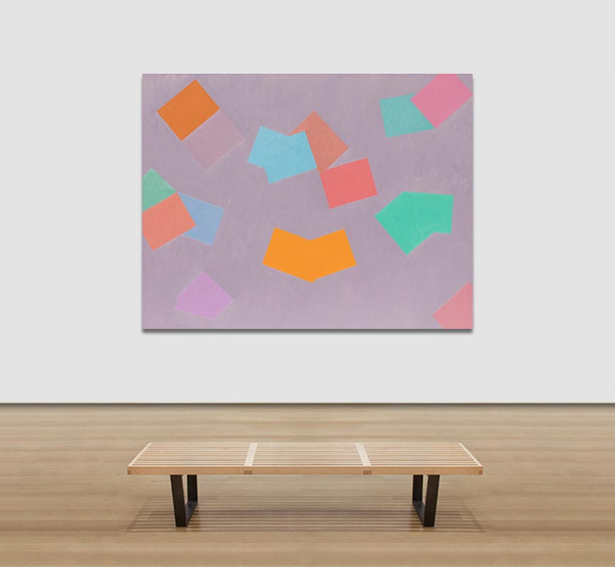View in a Room Color field painting with pink, blue and purple colors. Title: Summer Fling