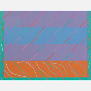 Color field painting with purple, orange and blue colors. Title: San Anton Rock