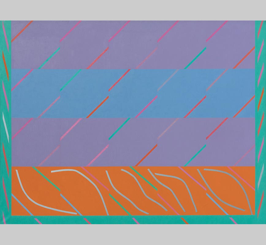 Color field painting with purple, orange and blue colors. Title: San Anton Rock