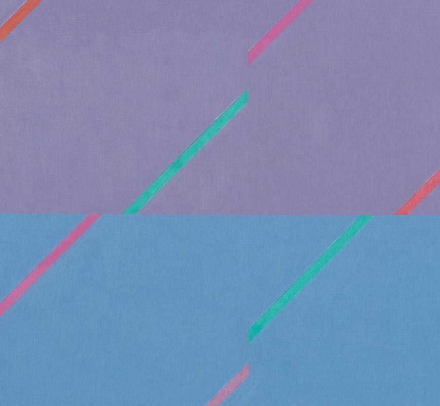Detail of Color field painting with purple, orange and blue colors. Title: San Anton Rock