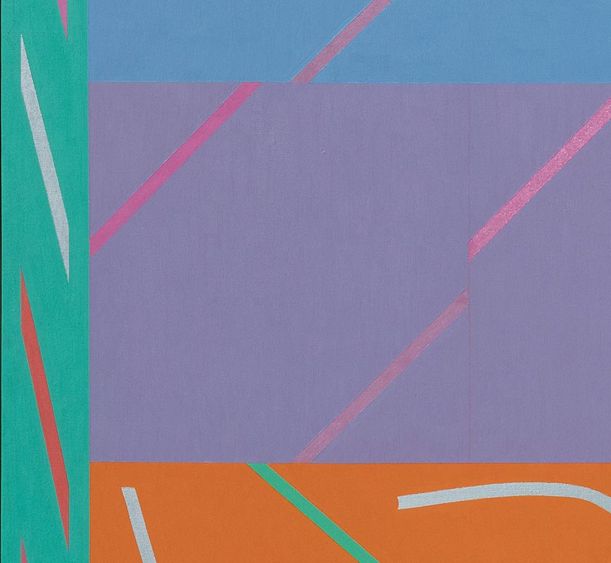 Detail of Color field painting with purple, orange and blue colors. Title: San Anton Rock