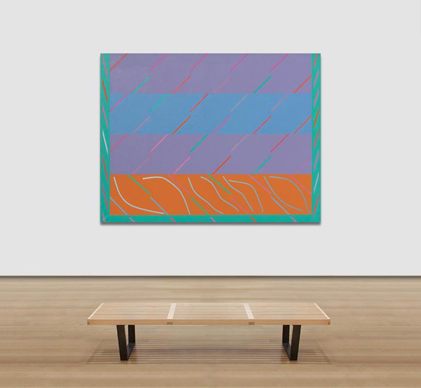 View in a Room of Color field painting with purple, orange and blue colors. Title: San Anton Rock
