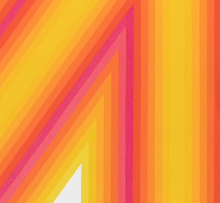 Detail of Color field painting with red and orange colors. Title: Triangle