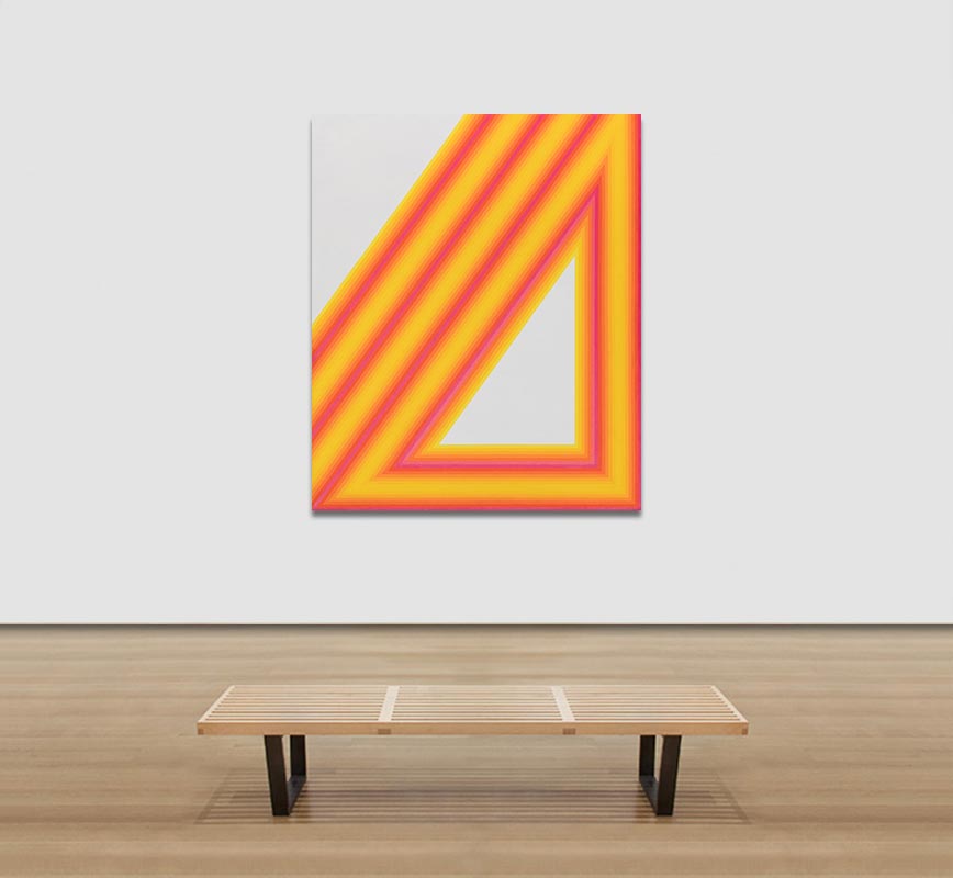 View in a Room of Color field painting with red and orange colors. Title: Triangle