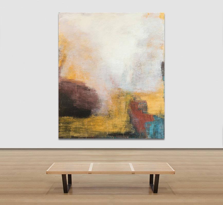 View in a Room of Abstract painting with reference to Pompeian frescoes. Mainly brown, yellow, red and white colors. Title: Terrae Etrusca