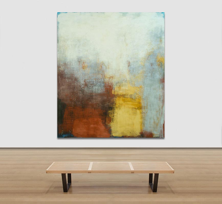 View in a Room of Abstract painting with reference to Pompeian frescoes. Mainly brown, yellow, red and white colors. Title: Sannio
