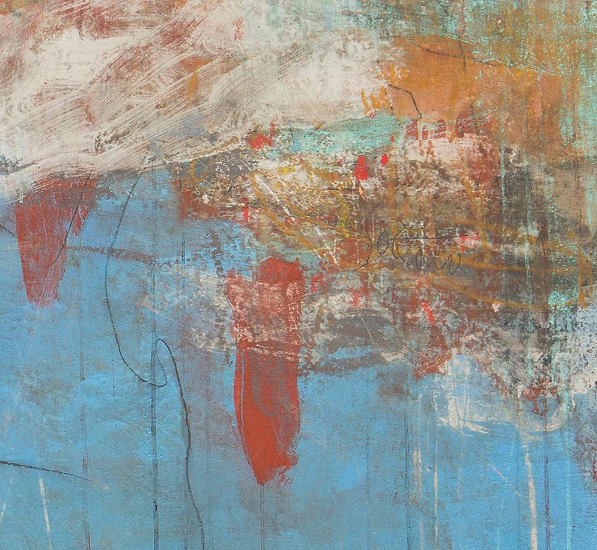 Detail of Abstract painting with reference to Pompeian frescoes. Mainly black, blue, red and white colors. Title: PV:MMX