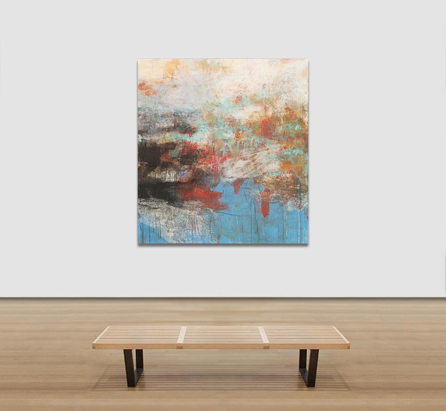 View in a Room of Abstract painting with reference to Pompeian frescoes. Mainly black, blue, red and white colors. Title: PV:MMX