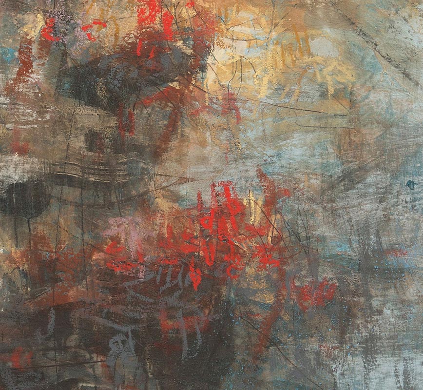 Detail of Abstract painting with reference to Pompeian frescoes. Mainly blue, red and white colors. Title: XII:MMIX