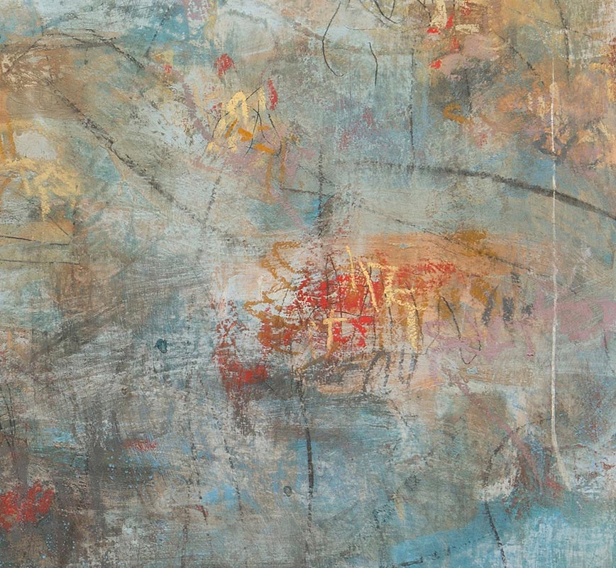 Detail of Abstract painting with reference to Pompeian frescoes. Mainly blue, red and white colors. Title: XII:MMIX