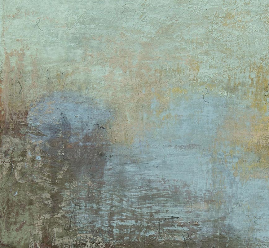Detail of Abstract painting with reference to Pompeian frescoes. Mainly brown, yellow and green colors. Title: Terra-Ombre II (Earth-Shadows II)