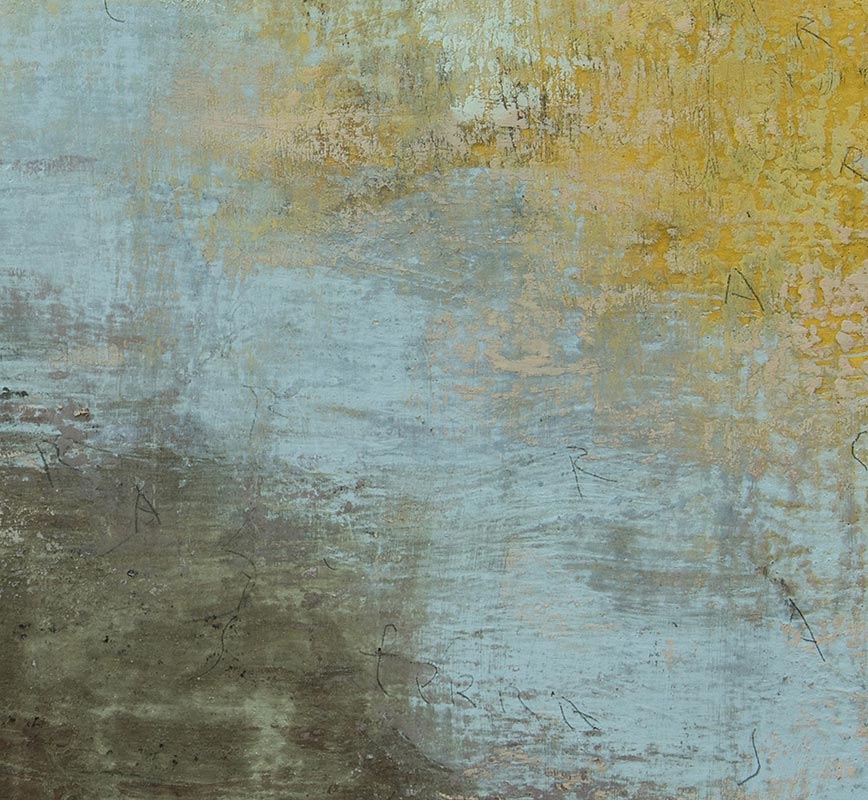 Detail of Abstract painting with reference to Pompeian frescoes. Mainly brown, yellow and green colors. Title: Terra-Ombre II (Earth-Shadows II)