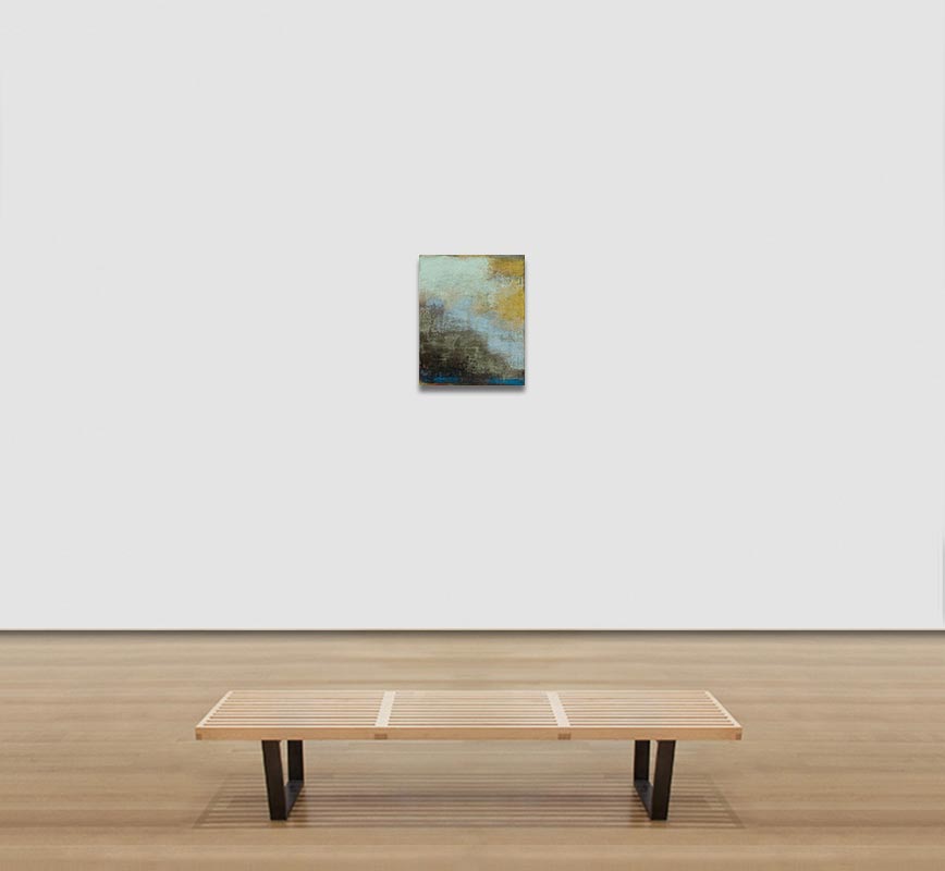 View in a Room of Abstract painting with reference to Pompeian frescoes. Mainly brown, yellow and green colors. Title: Terra-Ombre II (Earth-Shadows II)