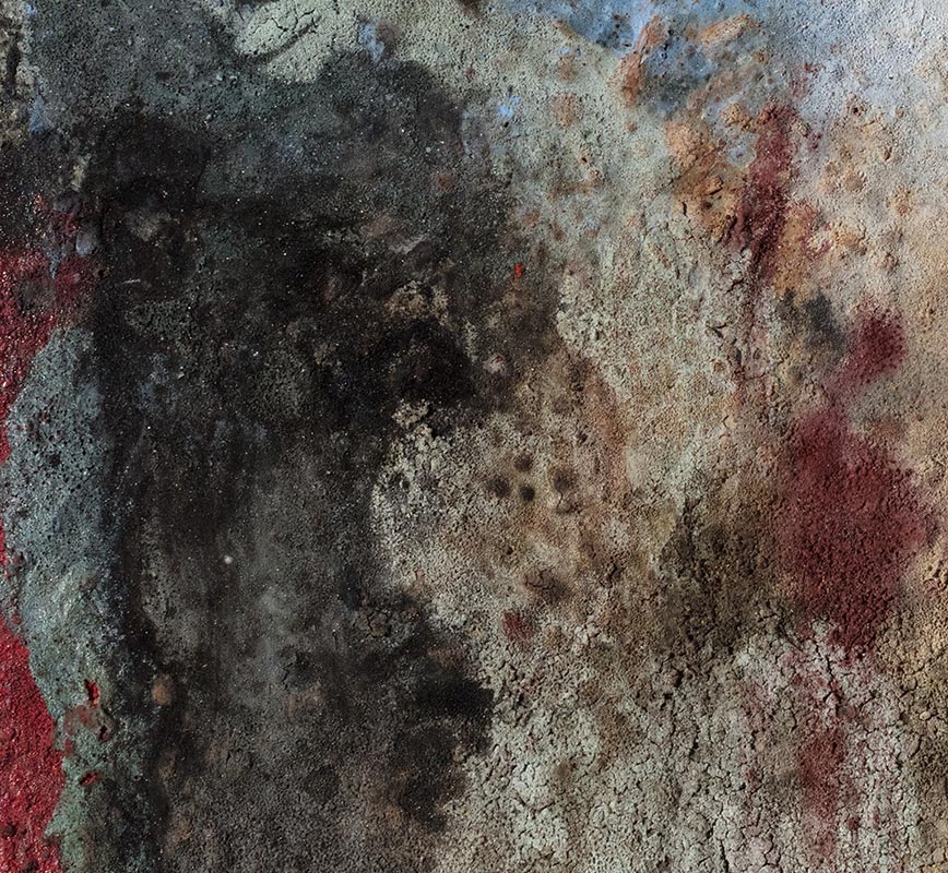 Detail of Abstract painting with reference to Pompeian frescoes. Mainly brown colors. Title: Terra Bruciata - Fine Estate I (Scorched Earth - Summer's End I)