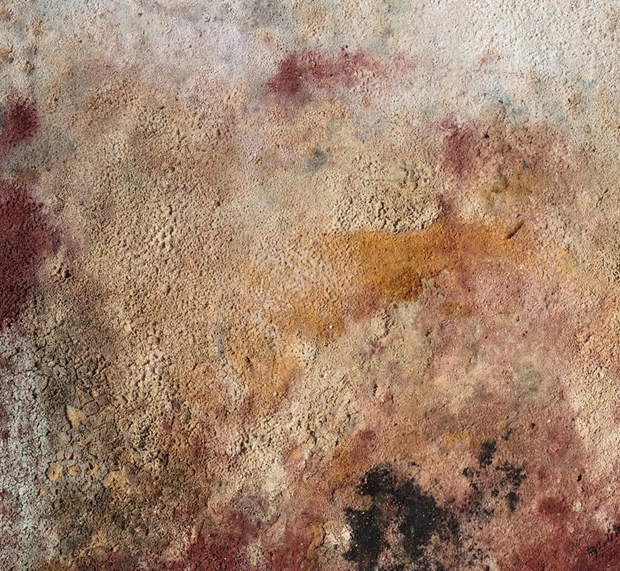Detail of Abstract painting with reference to Pompeian frescoes. Mainly brown colors. Title: Terra Bruciata - Fine Estate I (Scorched Earth - Summer's End I)