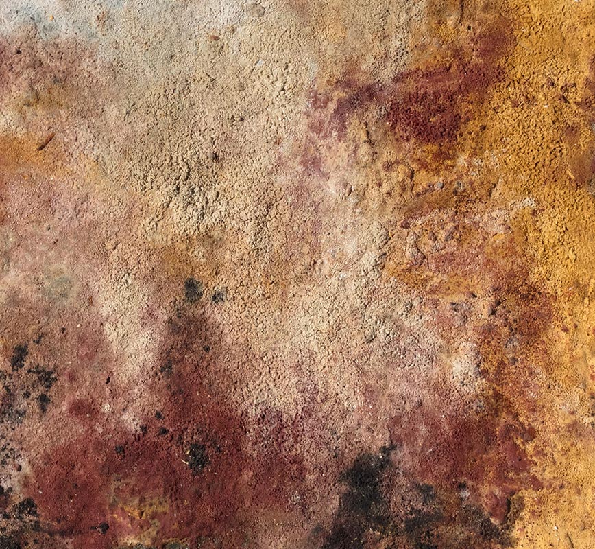 View in a Room of Abstract painting with reference to Pompeian frescoes. Mainly brown colors. Title: Terra Bruciata - Fine Estate I (Scorched Earth - Summer's End I)