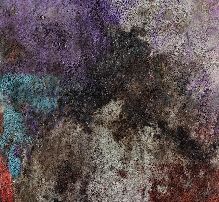 Detail of Abstract painting with reference to Pompeian frescoes. Mainly pink, green and blue colors. Title: Terra Bruciata - Fine Estate II (Scorched Earth - Summer's End II)