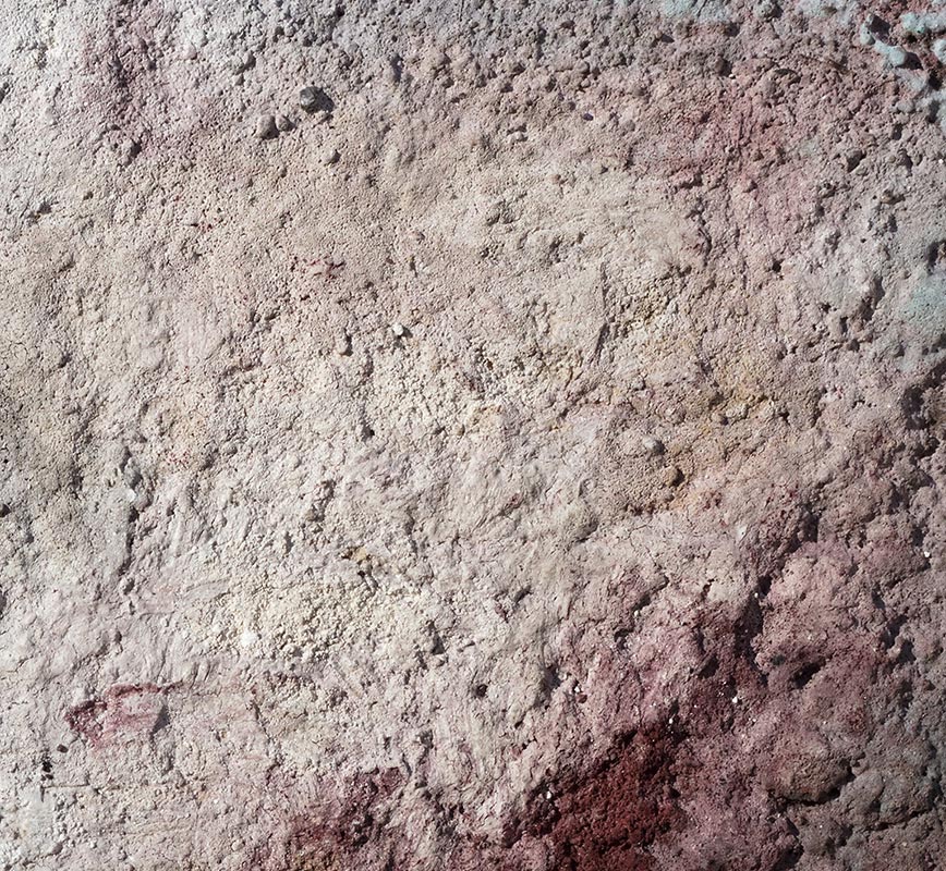 Detail of Abstract painting with reference to Pompeian frescoes. Mainly pink and blue colors. Title: Terra Bruciata (Scorched Earth)