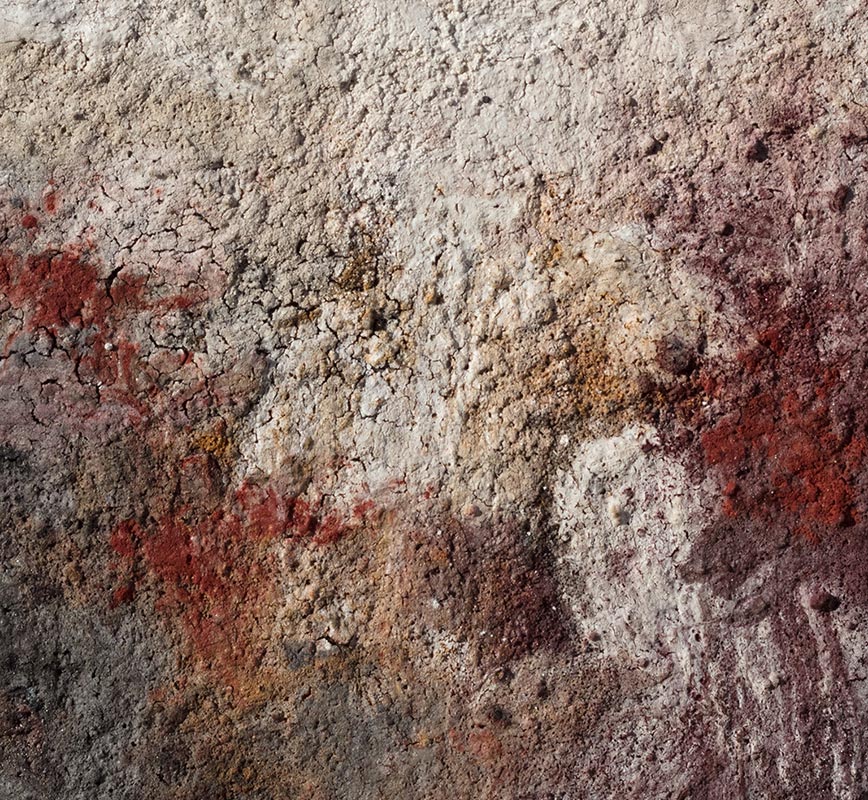 Detail of Abstract painting with reference to Pompeian frescoes. Mainly pink, yellow and green colors. Title: Terra Bruciata (Scorched Earth)