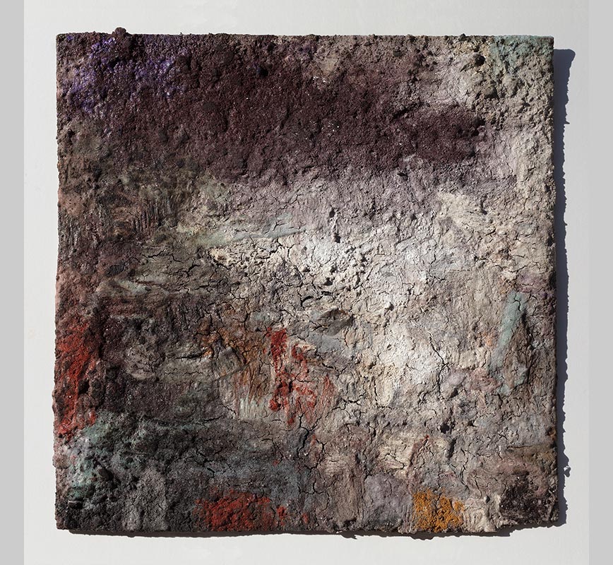 Abstract painting with reference to Pompeian frescoes. Mainly pink, grey and green colors. Title: Terra Bruciata (Scorched Earth)