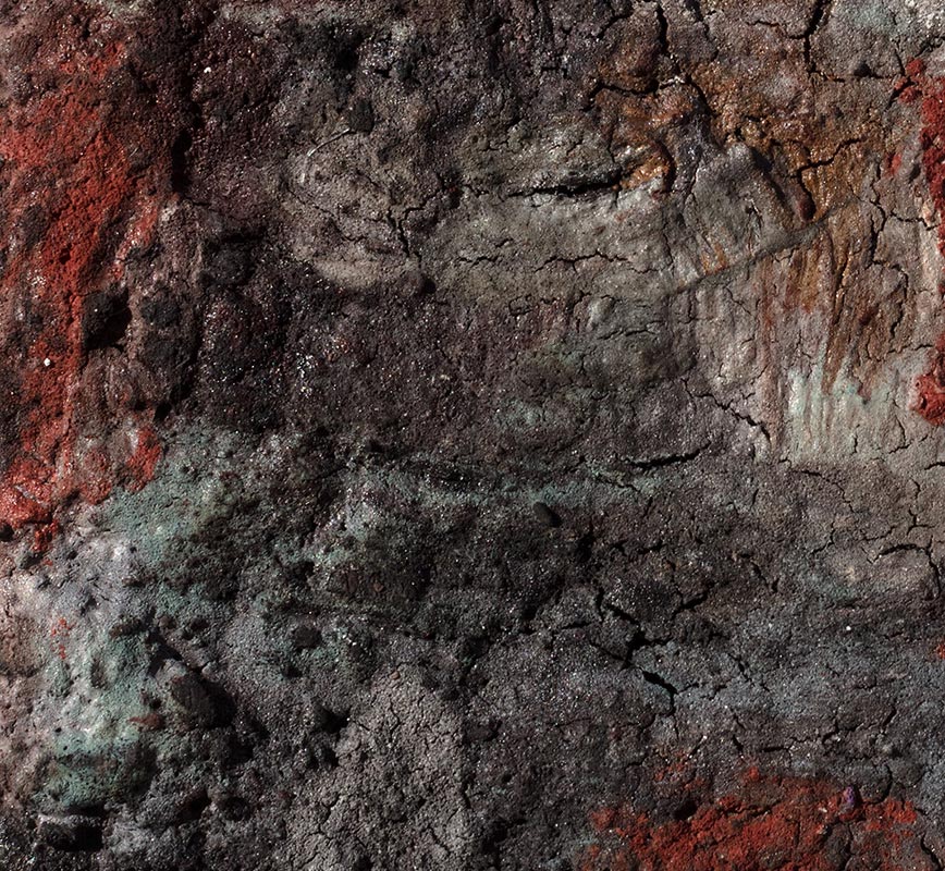 Detail of Abstract painting with reference to Pompeian frescoes. Mainly pink, grey and green colors. Title: Terra Bruciata (Scorched Earth)
