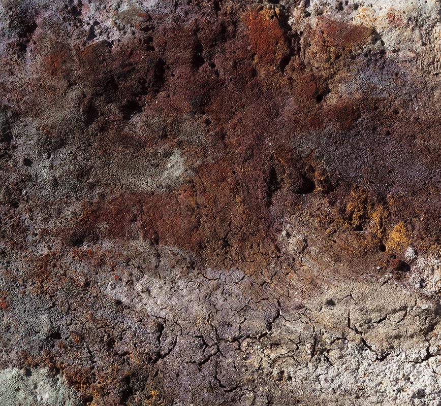 Detail of Abstract painting with reference to Pompeian frescoes. Mainly orange, white, and black colors. Title: Terra Bruciata (Scorched Earth)