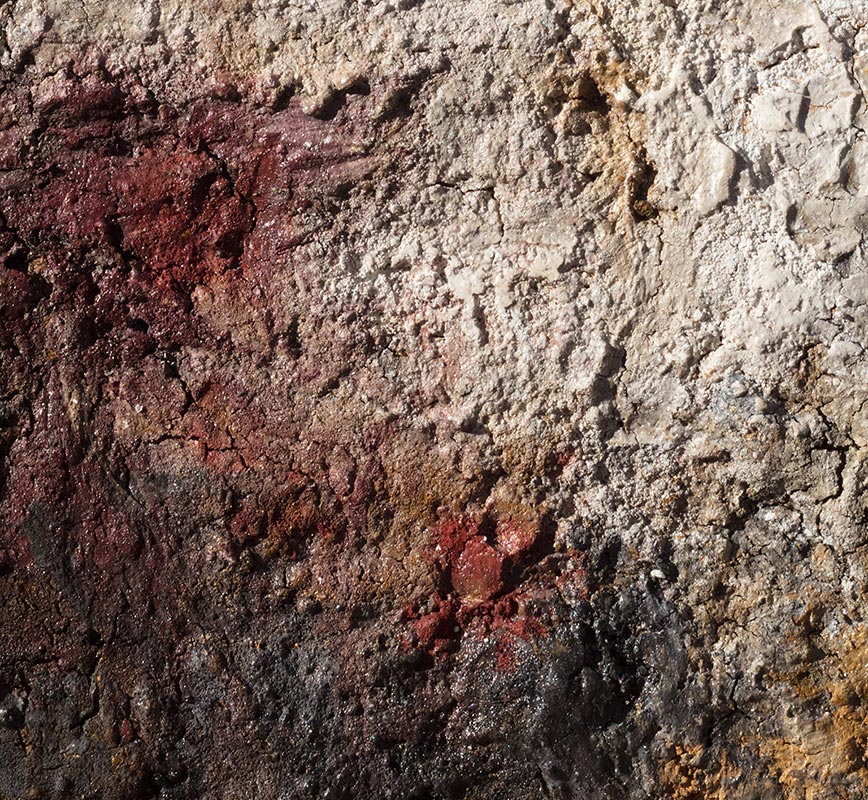 Detail of Abstract painting with reference to Pompeian frescoes. Mainly beige, white, and black colors. Title: Terra Bruciata (Scorched Earth)