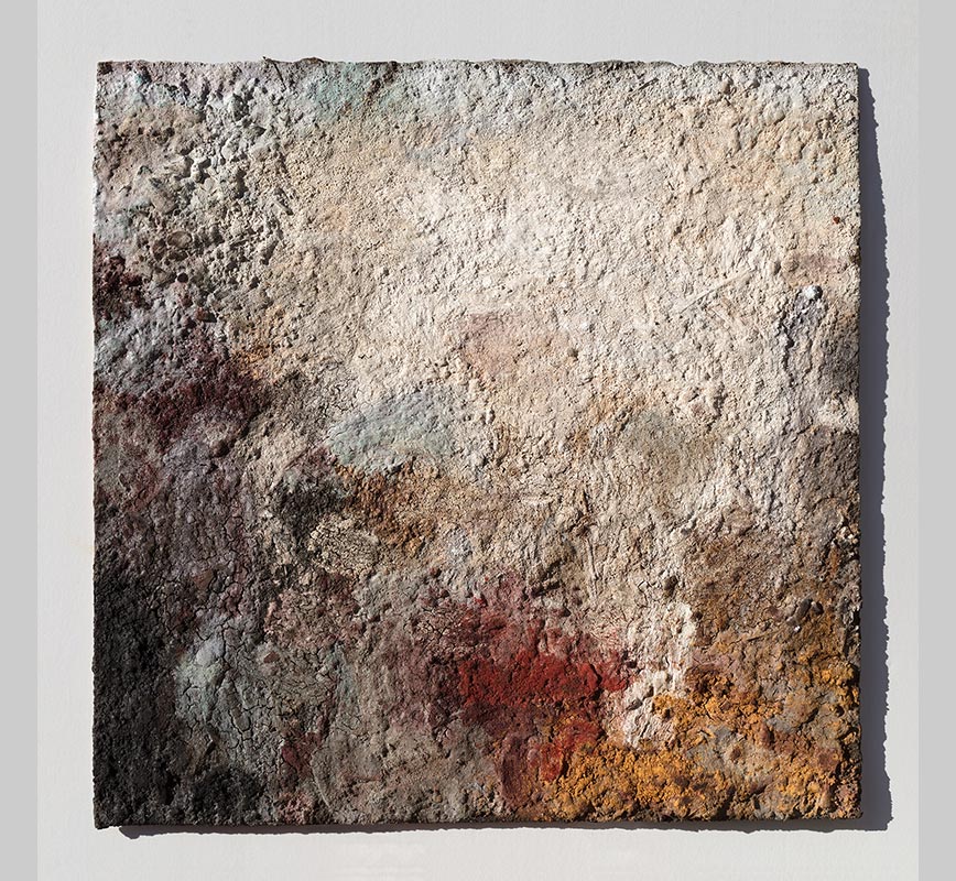 Abstract painting with reference to Pompeian frescoes. Mainly beige, white, and grey colors. Title: JTerra Bruciata (Scorched Earth)
