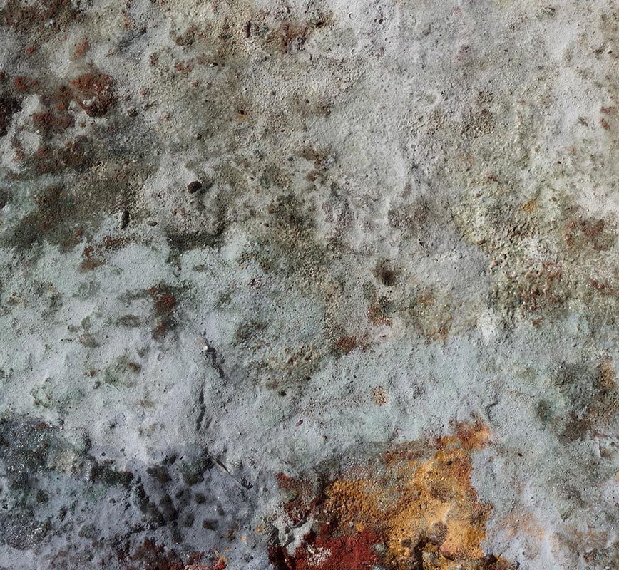 Detail of Abstract painting with reference to Pompeian frescoes. Mainly beige, white, and blue colors. Title: Terra Bruciata (Scorched Earth)