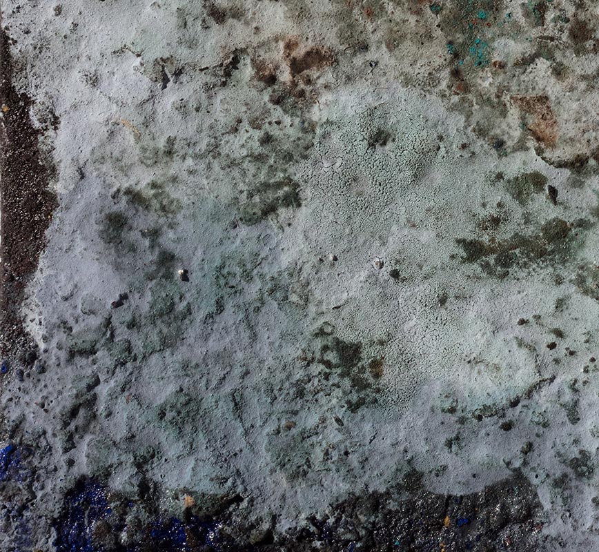 Detail of Abstract painting with reference to Pompeian frescoes. Mainly beige, white, and blue colors. Title: Terra Bruciata (Scorched Earth)