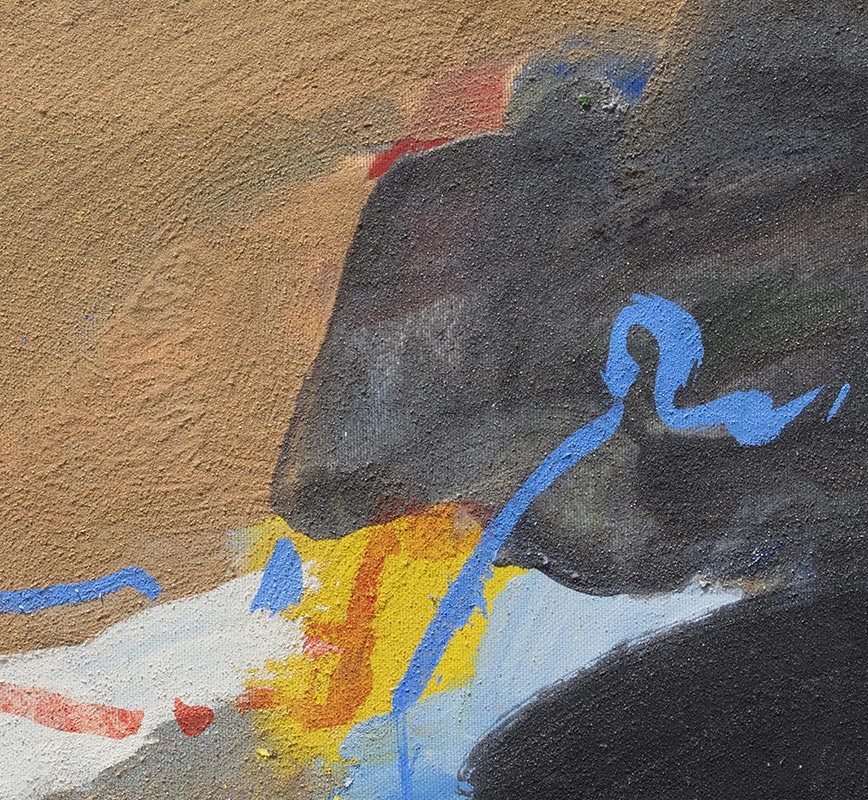 Detail of Abstract painting with reference to Tuscany. Mainly blue and beige colors. Title: Il Celeste Crudo del Cielo