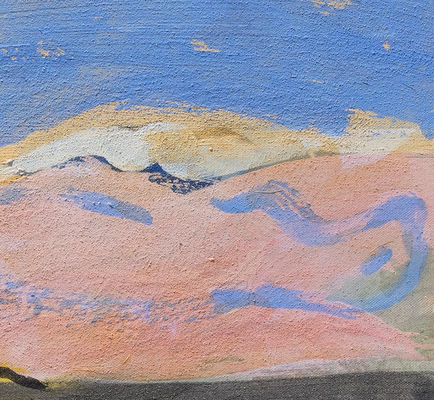 Detail of Abstract painting with reference to Tuscany. Mainly blue and beige colors. Title: Il Celeste Crudo del Cielo