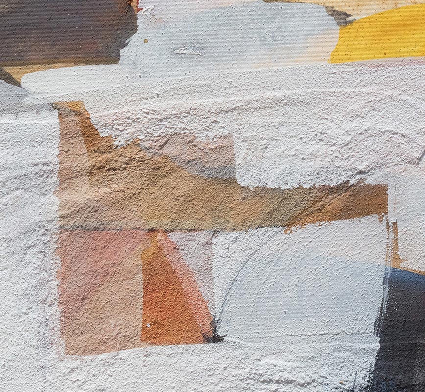 Detailof Abstract painting with reference to Tuscany. Mainly white and orange colors. Title: Il Passaggio della Nuvola Nera