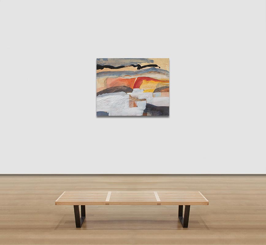 View in a Room of Abstract painting with reference to Tuscany. Mainly white and orange colors. Title: Il Passaggio della Nuvola Nera