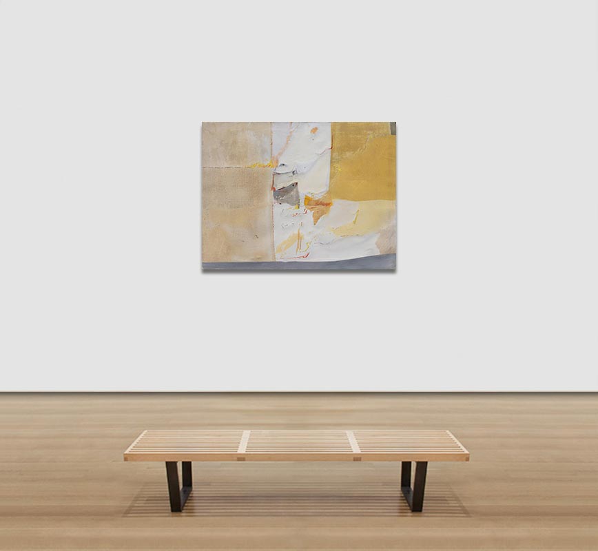 View in a Room of Abstract painting with reference to Tuscany. Mainly yellow and beige colors. Title: Il Muro di Sale