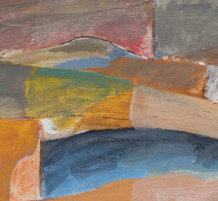Detail of Abstract painting with reference to Tuscany. Mainly orange and blue colors. Title: Viaggio nel Sud