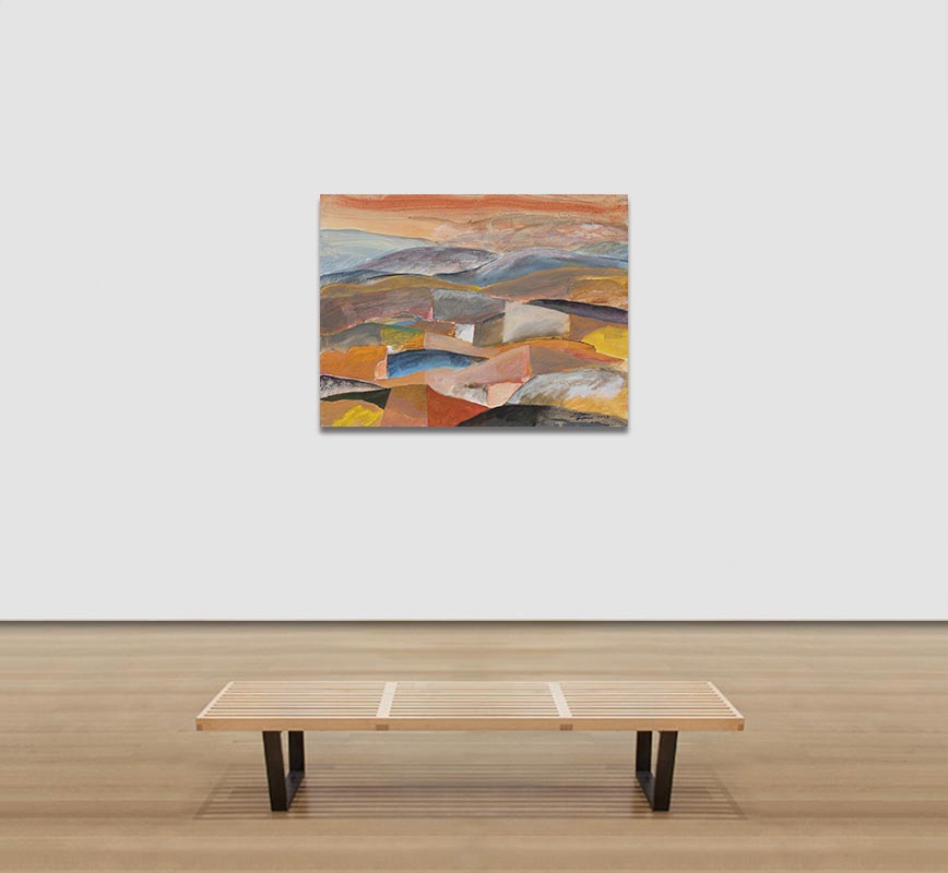 View in a Room of Abstract painting with reference to Tuscany. Mainly orange and blue colors. Title: Viaggio nel Sud