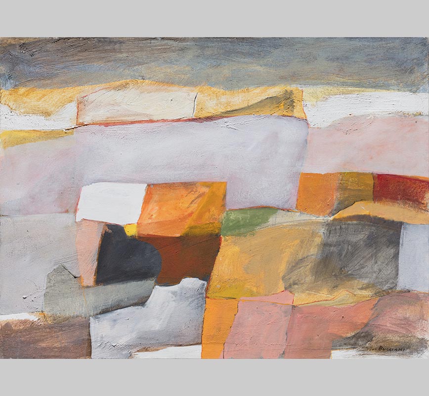 Abstract painting with reference to Tuscany. Mainly orange and gray colors. Title: Nel Paese del Colore