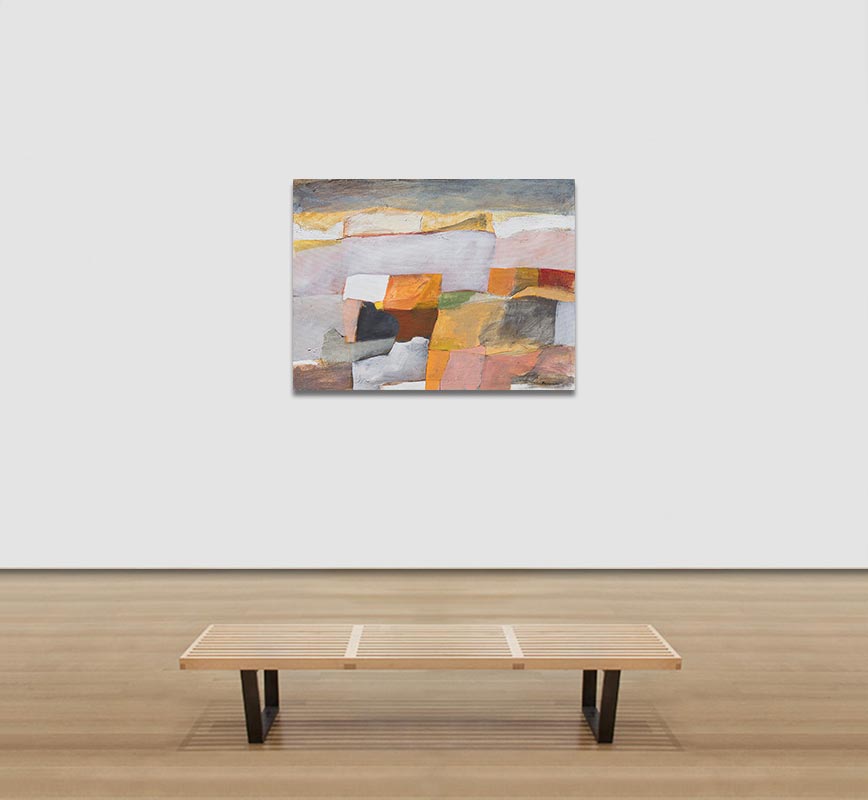 View in a Room of Abstract painting with reference to Tuscany. Mainly orange and gray colors. Title: Nel Paese del Colore