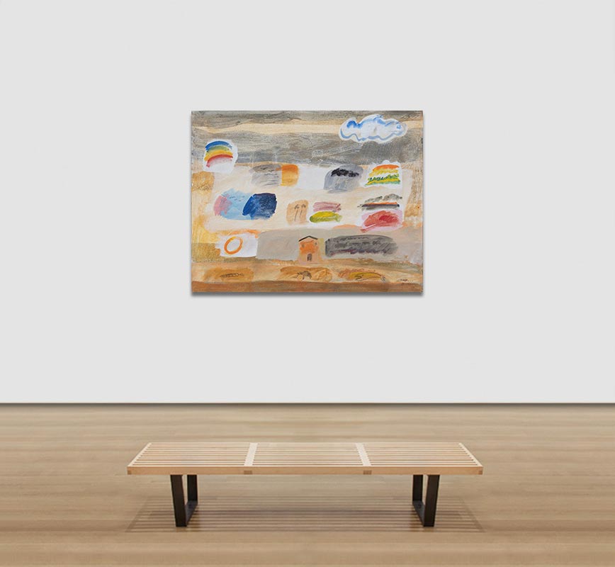 View in a Room of Abstract painting with reference to Tuscany. Mainly orange and gray colors. Title: Il Tempo che Passa