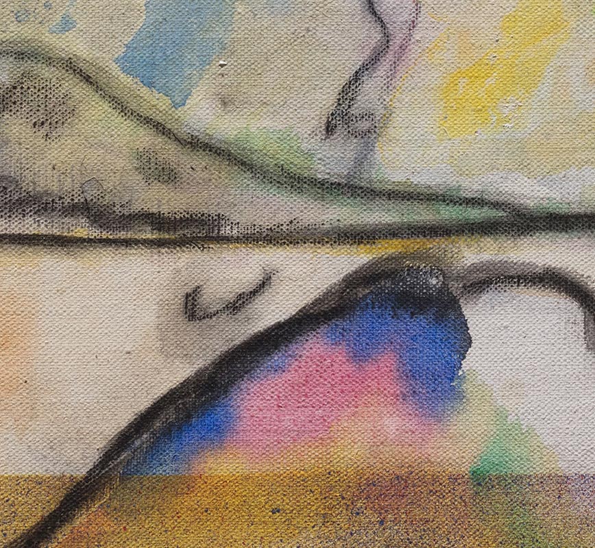 Detail of Abstract painting with reference to Tuscany. Mainly yellow, purple and blue colors. Title: Dolce Incontro