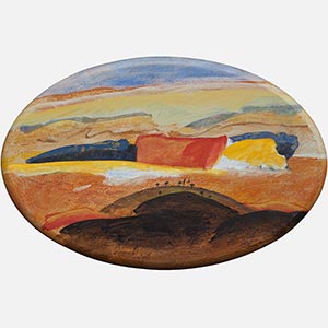 Abstract oval painting with reference to Tuscany. Mainly red and orange colors. Title: Tuscany - Italian Landscape