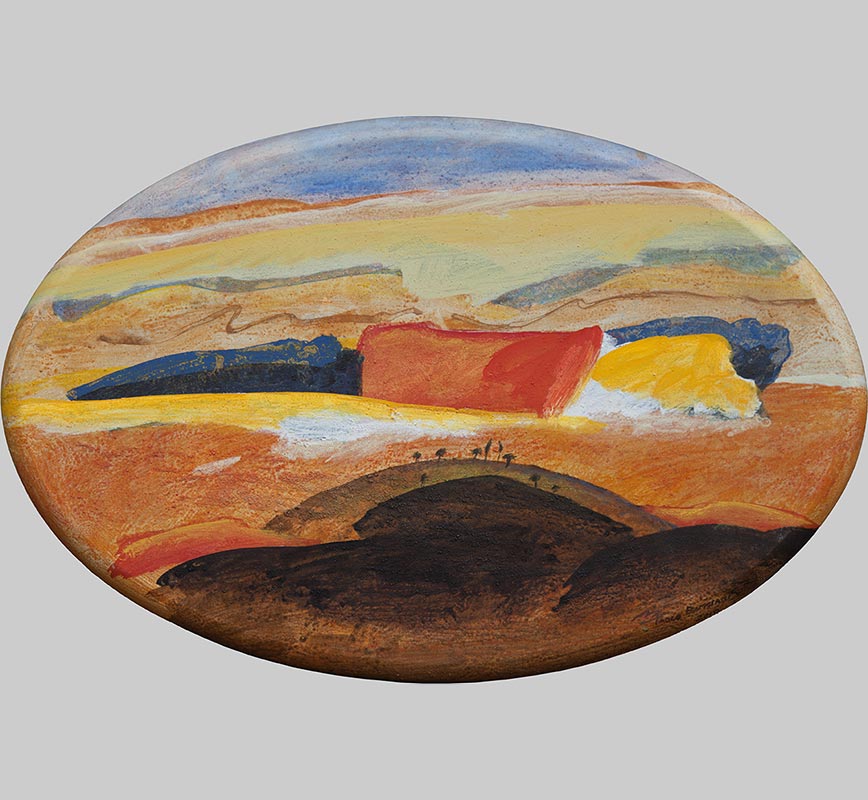 Abstract oval painting with reference to Tuscany. Mainly red and orange colors. Title: Tuscany - Italian Landscape