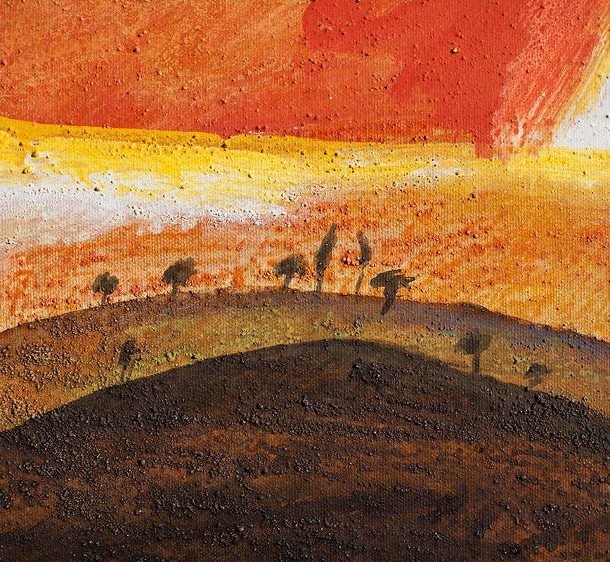 Detail of Abstract oval painting with reference to Tuscany. Mainly red and orange colors. Title: Tuscany - Italian Landscape